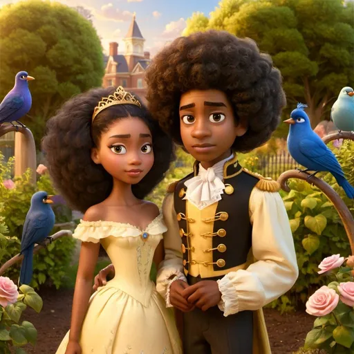 Prompt: African American fairytale princess and prince with a medium brown skin complexion and afro hair, in their early 20s, at a garden of birds during the Victorian Era