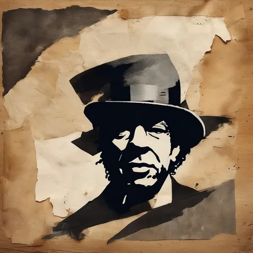 Prompt: Nash The Slash, cut old paper backdrop, bold brushstroke, gritty texture,