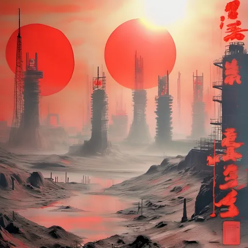 Prompt: ink-painting, alien planet, desert landscape, deep pit mine , spherical brutalist billings, multiple towers with blow off flames,  large mine operation , industrial , carbon grey machines, red trim and accents, rising sun , realistic, morning , misty, flood light glow, 35mm ,grainy fujifilm film, anaglyph effect Chinese style, festive