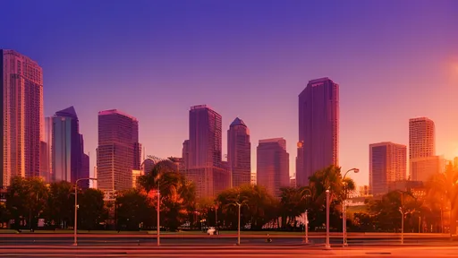 Prompt: polaroid photo of city skyline , hard angles, court yard, esplanade , evening shade, LA sunset  lighting ,photo realistic, cinematic, cinemascope