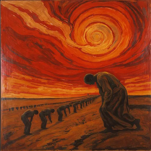 Prompt: Zdzisław Beksiński, 70mm,german expressionism, bowing people to a central figure 