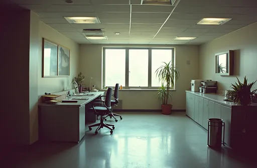 Prompt: brutalist office interior, concrete desk and furniture , grainy fujifilm film, anaglyph effect Kodachrome film, 35mm