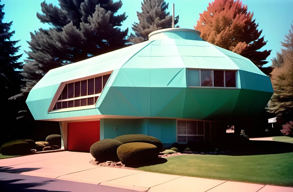 Prompt: large dymaxion mid century modern home, with Totalitarian architecture elements ,multi level structures, covered entrance , crisp fujifilm film, anaglyph effect Kodachrome film, 35mm