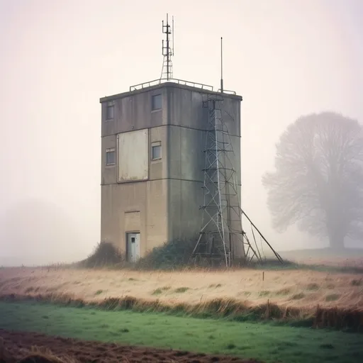 Prompt: A old bunker that is clandestine radio station in a old English farm field, there is a tall antenna tower, it is in the morning with a light foggy hue, captured with soft focus and muted colors typical of early film photography