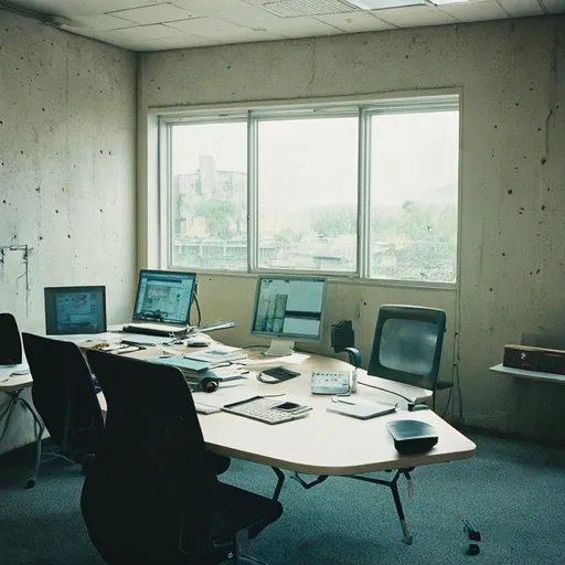 Prompt: brutalist office interior, concrete desk and furniture , grainy fujifilm film, anaglyph effect Kodachrome film, 35mm