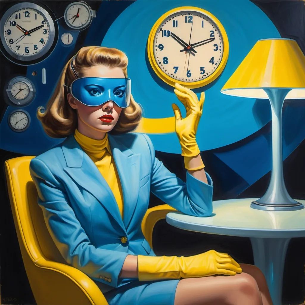 Prompt: acrylic painting in pastels of a woman with her face covered with a lampshade sitting on a futuristic chair, retro futuristic clock behind her wearing a playful blue suit and yellow gloves retro futuristic text