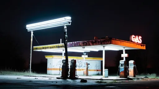 Prompt: Backlit night  photo of a  abandoned gas station covered in graffiti , there are  neon lights around the top of the station, next to the station is a tall radio antenna with a small rep light at the top, it is dusk with eerie fog. Silhouette, dramatic, artistic, shadowy