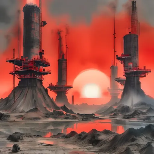 Prompt: ink-painting, alien planet, desert landscape, deep pit mine , spherical brutalist billings, multiple towers with blow off flames,  large mine operation , industrial , carbon grey machines, red trim and accents, rising sun , realistic, morning , misty, flood light glow, 35mm ,grainy fujifilm film, anaglyph effect Chinese style, festive