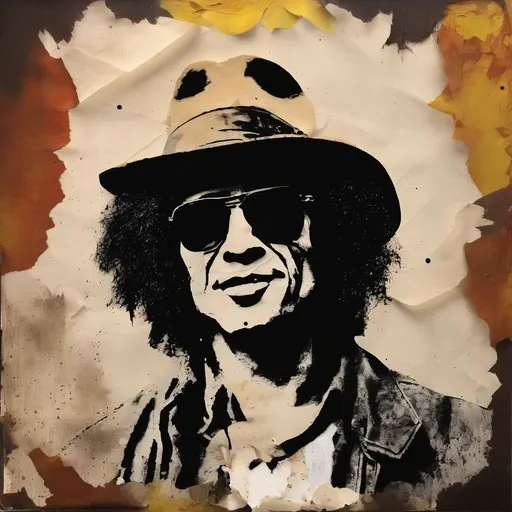 Prompt: Nash The Slash, cut old paper backdrop, bold brushstroke, gritty texture,
