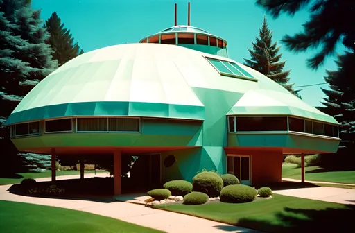 Prompt: large dymaxion mid century modern home, with Totalitarian architecture elements ,multi level structures, covered entrance , crisp fujifilm film, anaglyph effect Kodachrome film, 35mm