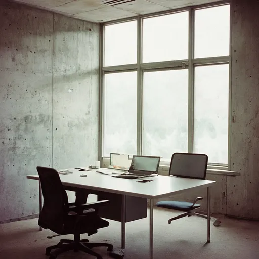 Prompt: brutalist office interior, concrete desk and furniture , grainy fujifilm film, anaglyph effect Kodachrome film, 35mm