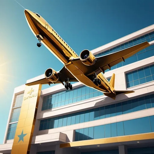 Prompt: (Detailed illustration of a Drow) gold airplane, situated in front of DaWanau hospital, modern structure with sharp angles, vibrant golden color reflecting sunlight, clear blue sky as background, rich detail on airplane's surface, emphasizing sleek design, bright and inviting atmosphere, high contrast shadows for depth, ultra-detailed, cinematic composition. Write t "DAWANAU HOSPITAL" On the wall