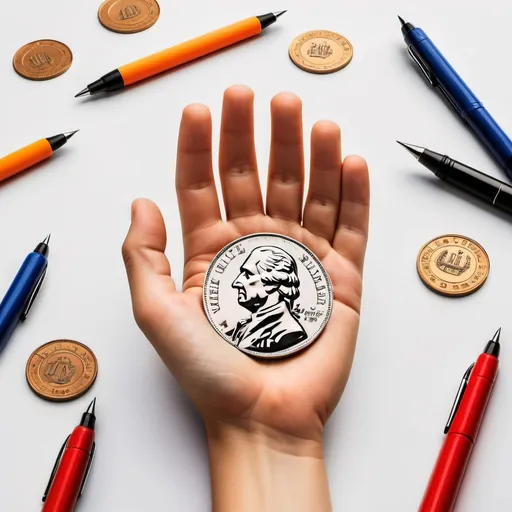 Prompt: Your future in our hands. Make a logo using 5 pens and 3 coins