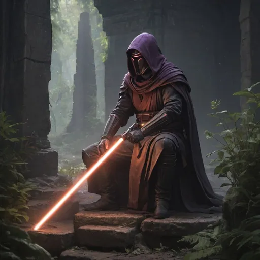 Prompt: Darth Revan welding 2 light sabers one yellow the other one purple, siting on a monolithic ruin with runes and vegetation bursting through.