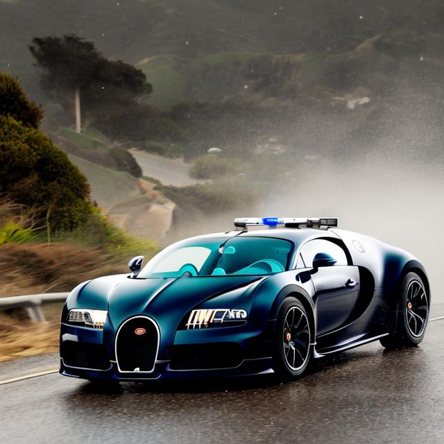 Prompt: A Bugatti racing down the pacific coast highway near Malibu, in the rain with a police car chasing it.