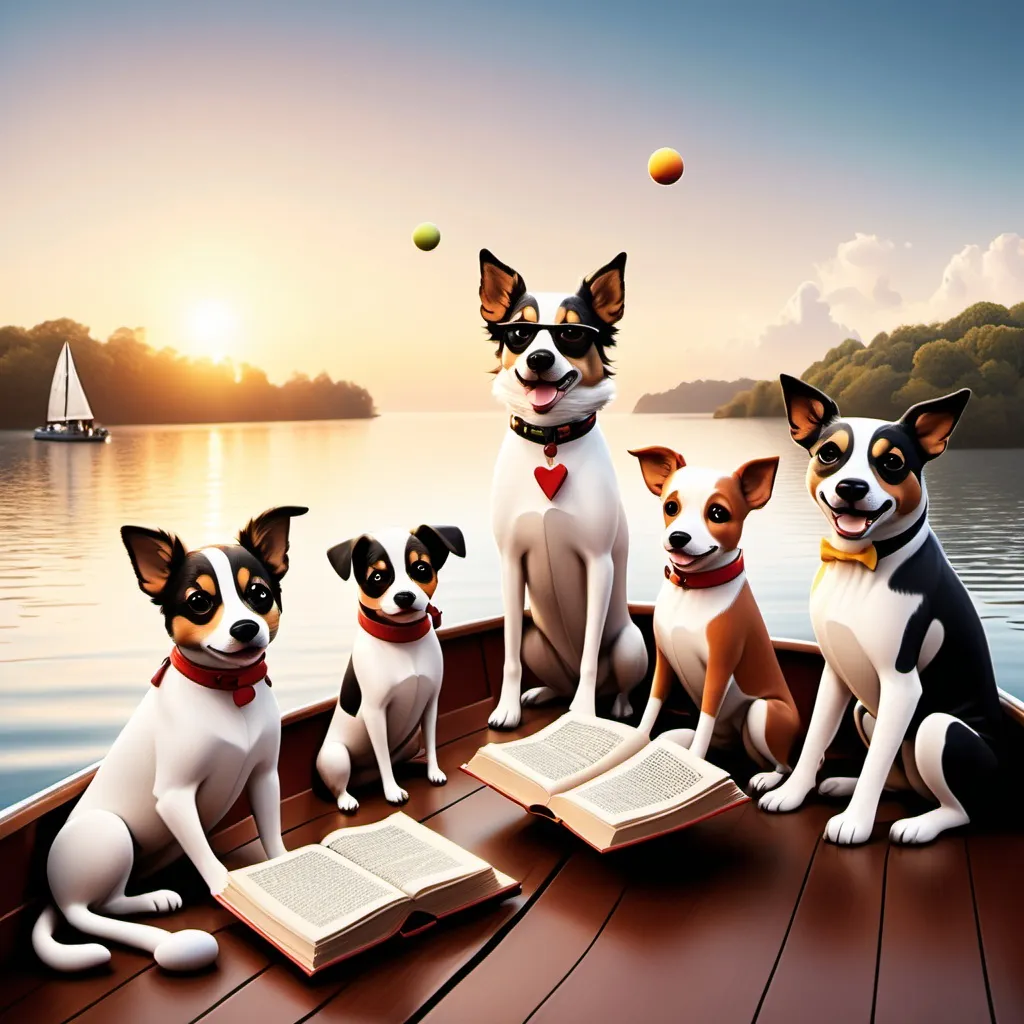 Prompt: cute rock'n'roll dogs teaching children to juggle beside their friends reading books on a boat in a far away land at sunrise