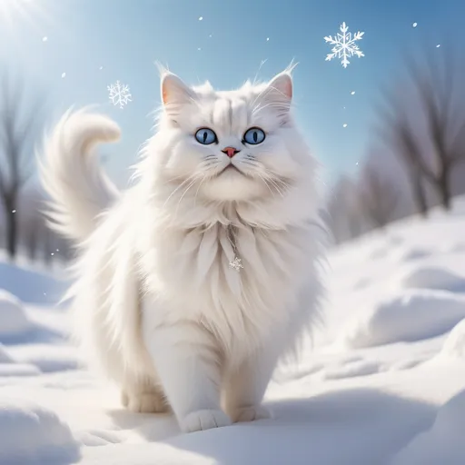 Prompt: (겨울고양이), snowy landscape, a fluffy cat with soft fur, playful stance, frolicking in the crisp white snow, chilly atmosphere, whimsical vibe, bright blue sky contrasting with sparkling snowflakes, warm sunlight reflecting on fluffy coat, ultra-detailed, serene and enchanting, capturing the essence of winter joy, high quality, immersive visual experience.