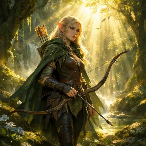 Prompt: Elf ranger in a mystical forest around sunlight