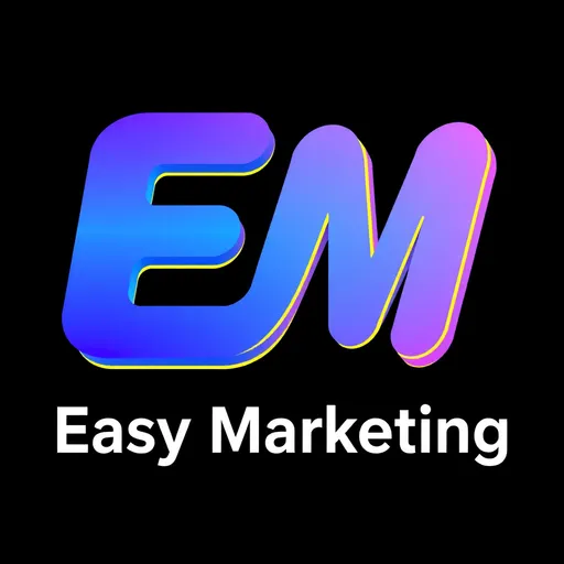 Prompt: Design a logo with the letters "EM" in bold, using gradient colors: blue-purple and light pink. Under it, write the phrase Easy Marketing in bold black font, and under it. "EM" should have a wavy design, with a thin wavy yellow line around the edges of the letters. The design of the overall logo should be coherent, with a black gradient background with a hint of white. The logo should have a realistic, and 3D appearance