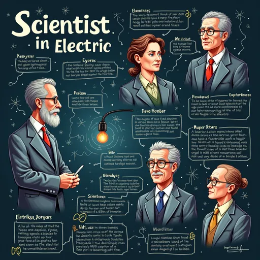 Prompt: Magazine about four popular scientists in electric field including the name of each scientist, a small biography about his life and what he made in physics 