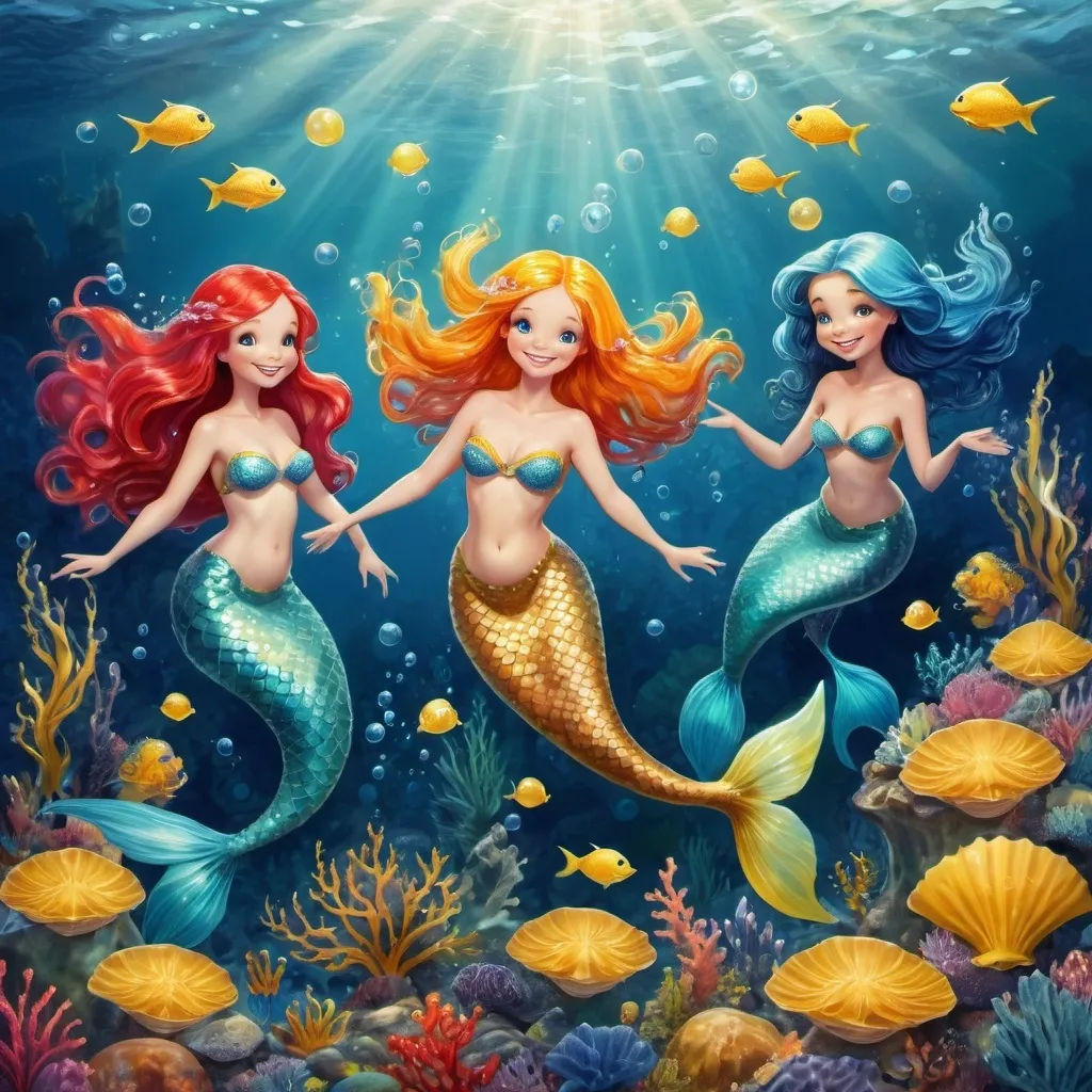 Prompt: MARMAID with red hair and  HER FREINDS ONE HAD YELLOW HAIR ONE HAD DARK BLUE HAIR 
