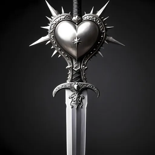 Prompt: two handed sword with silver heart and spikes. vertical image 