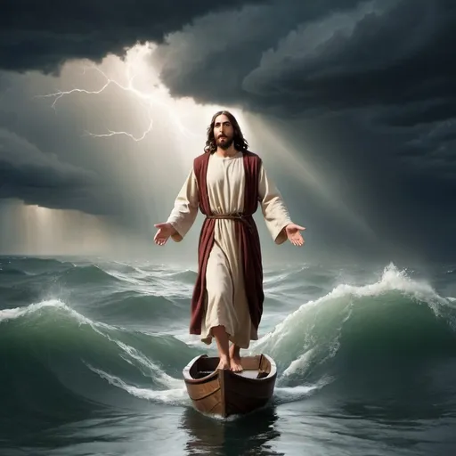 Prompt: Jesus is calming a storm while walking on the water

