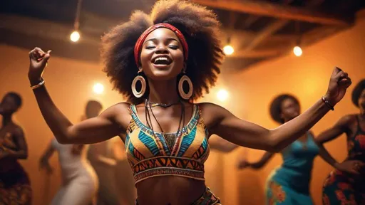 Prompt: (young african woman dancing), embracing the rhythm of afro beats, captivating audience in the background, (graceful and attractive pose), vibrant colors that reflect the energy of the music, lively atmosphere, dynamic movement showcasing excitement, joyful expressions from onlookers, warm lighting enhancing the festive mood, ultra-detailed, high-quality scene illustrating the beat's allure.