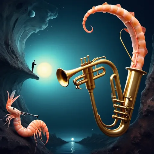Prompt: surreal dreamscape, jazz trumpet, shrimp
