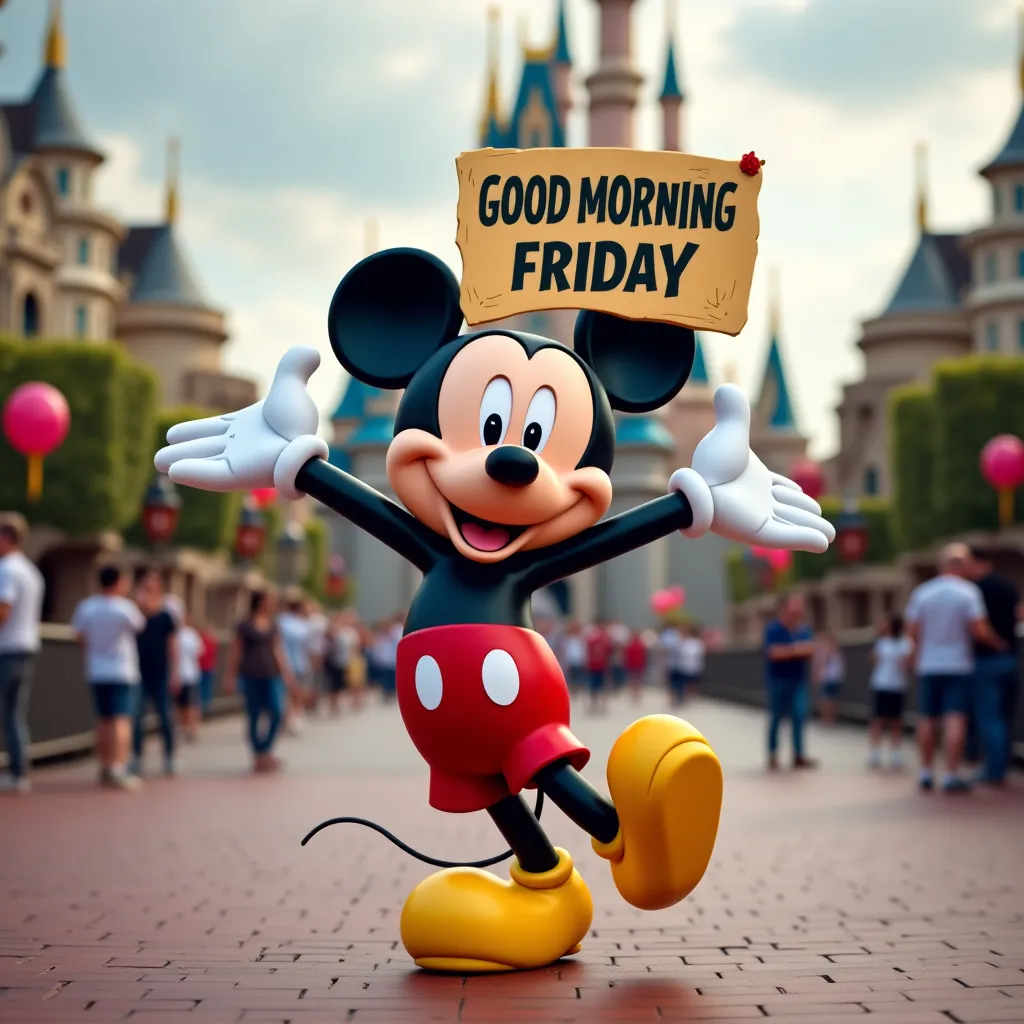 Prompt: Create a Disney-style image of a happy, smiling, and jumping Mickey in the middle of the park with his arms raised holding a sign saying: GOOD MORNING FRIDAY