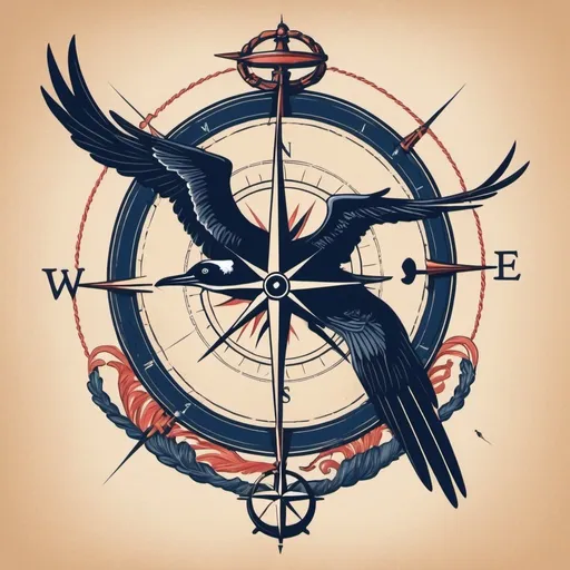 Prompt: Create a design that suitable for a t-shirt that uses a nautical theme and incorporates a frigatebird and a compass