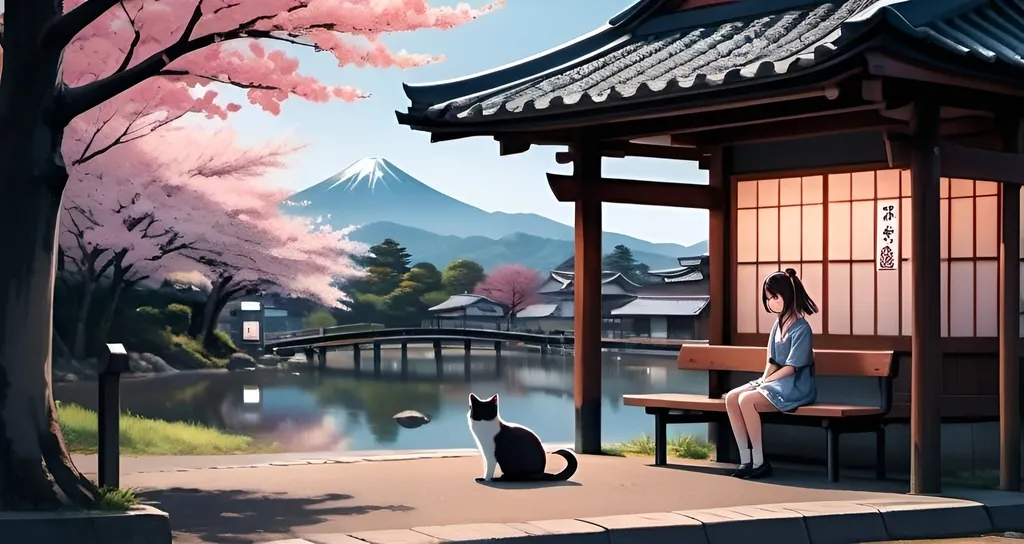 Prompt: 
A picturesque Japanese landscape featuring a young girl in a dress sitting with her cat at a bus stop, waiting for the bus. The scenery includes traditional Japanese elements such as cherry blossom trees, a torii gate in the background, and a serene pond nearby. The bus stop has a rustic wooden bench and a sign written in Japanese. The overall atmosphere is calm and peaceful, capturing the essence of a quiet moment in a rural Japanese setting.