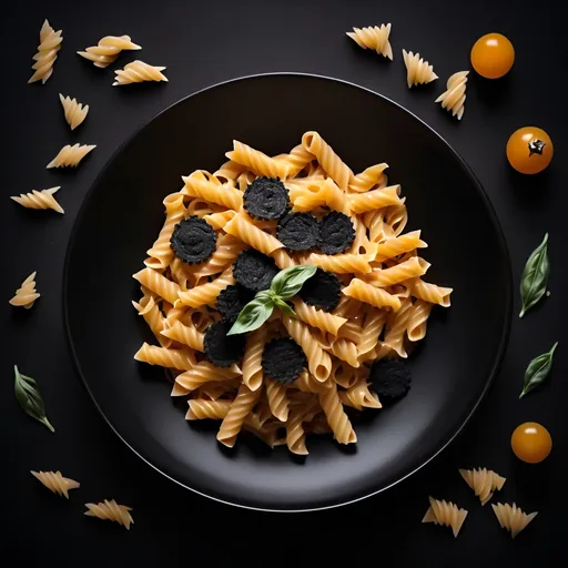 Prompt: (top view of pasta in a black ceramic plate), an elegant display of diverse pasta types, rich textures and shapes, (black ceramic), contrasting vibrant colors of the pasta, warm and inviting ambiance, soft shadows creating depth, gourmet styling, high-resolution, ultra-detailed photography, artistic arrangement, appetizing presentation that invites curiosity and taste exploration.