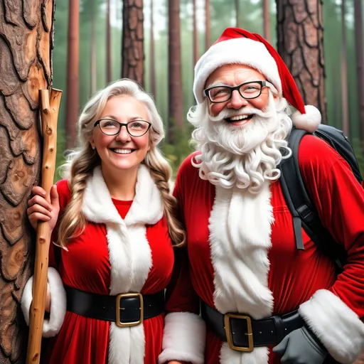 Prompt: I need a realistic picture from the waist up of santa claus and mrs claus wearing red cloths, both wearing glasses with big smiles and hiking (with hiking sticks) on a beautiful pine tree forest on spring time