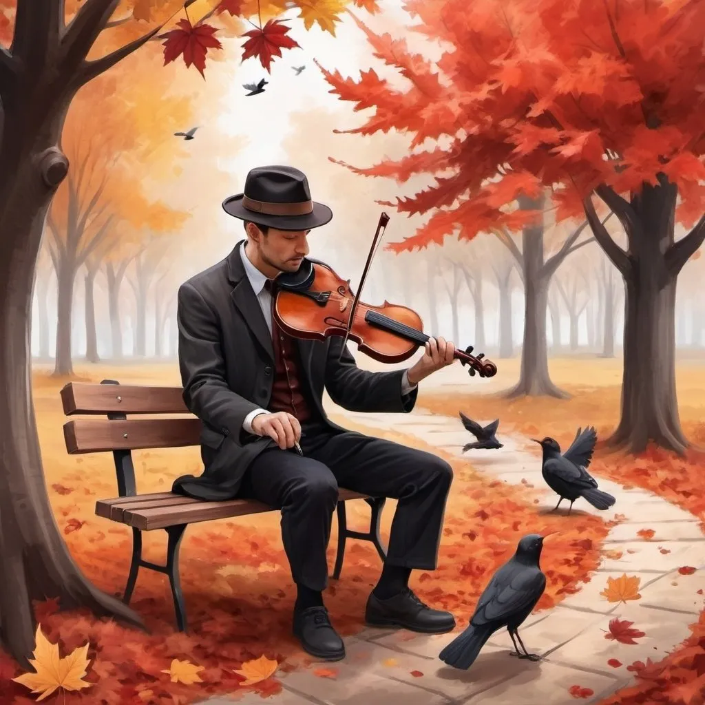 Prompt: Create a brush paint of a maple garden and wooden bench. Its fall time the ground is filled with red and brown leaves. A man with a hat playing violin on the bench from back side wearing black dress. A few birds chirping to the tune of violin