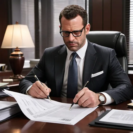 Prompt: A realistic law firm like harvey spector working on a property document. Make him look downwith spectacles
