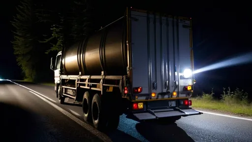 Prompt: A long-bodied cargo truck is passing on the road. There is a searchlight mounted at the back of the vehicle. Mounted under the vehicle, it illuminates the road surface and the area near the rear wheels. It emits a long beam of light toward the dark ground, clearly showing the lane markings.