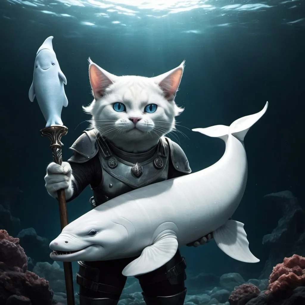 Prompt: Scarry Warrior Cat Holding a Beluga as Trident 