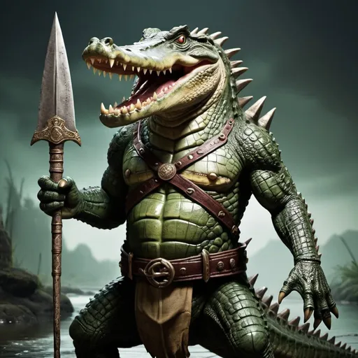 Prompt: Scarry Warrior Crocodile Holding 
Trident 