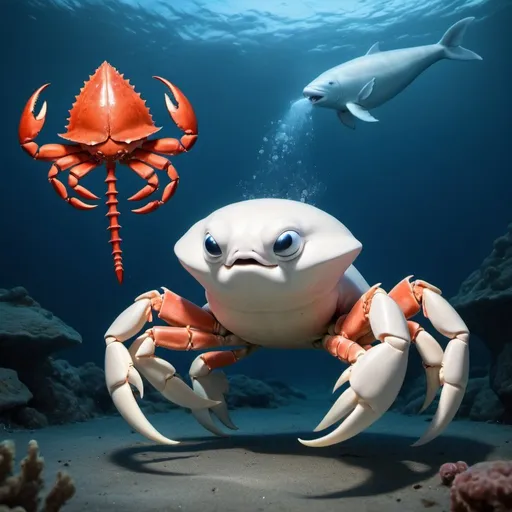 Prompt: Scarry Warrior Crab Holding a Beluga as Trident 