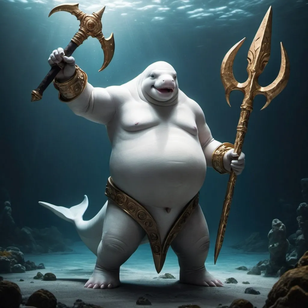 Prompt: Scarry Warrior Beluga Holding Poseidons Trident 