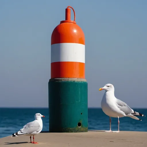 Prompt: A seagull standing opposite a bouy