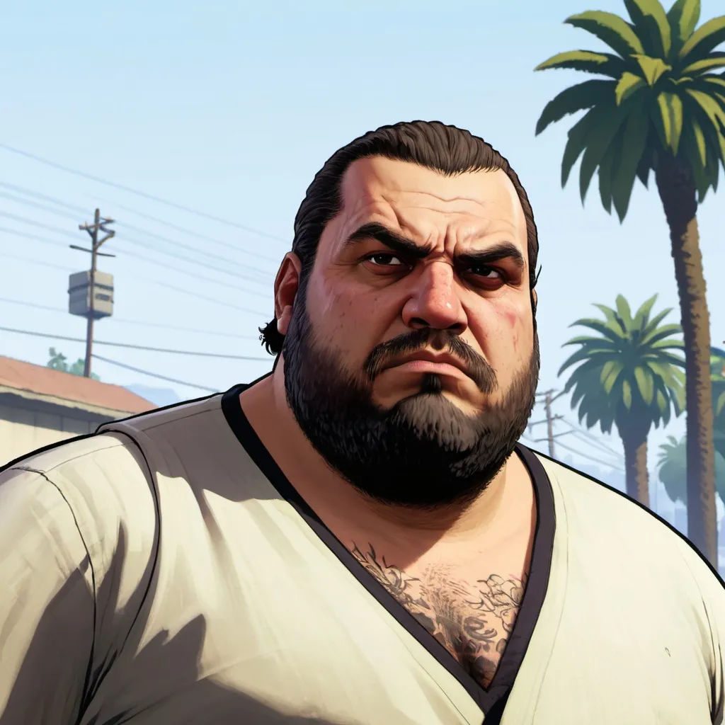 Prompt: GTA V cover art, fat turkish dude with awesome upwards hair and a beard