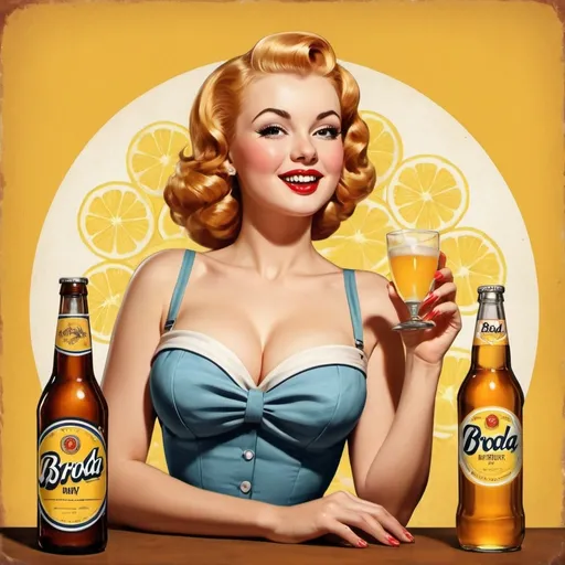 Prompt: Create a vintage pinup style advertisement inspired by classic beer ads. The scene should feature a glamorous pinup girl dressed in retro attire, holding a bottle of Broda. She should be pouring a yellow martini from the bottle, surrounded by lemons, ginger, vodka, and honey to highlight the drink's flavor. The overall design should have a nostalgic feel, with bold text and a catchy slogan like 'Broda, always a good idea.