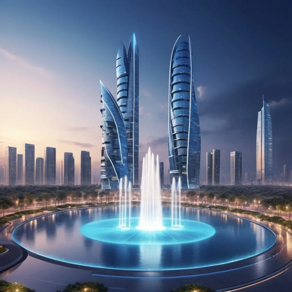 Prompt: I am an Architect. I'm futuristic and Most innovative designer. From my point of View generate evening City View. where taller multiple buildings, blue sea face, ai architecture,  musical fountain will seen. 