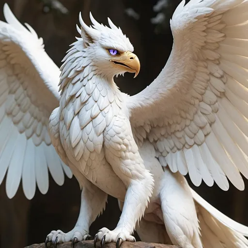 Prompt: A Griffin white as snow with pure blue eyes and purple edges on their wings