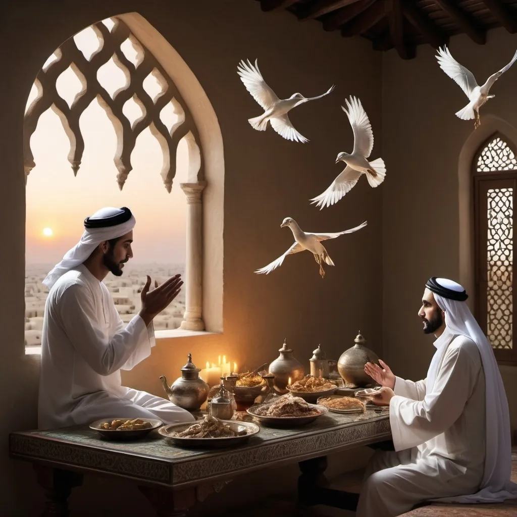 Prompt: Create an image depicting Sheikh Hamza visiting the dwelling of the revered saint Sheikh Khawaja Ishaq. The scene should show them during the Iftar meal with roasted birds on the table. After the meal, illustrate Sheikh Hamza collecting the bones of the birds, raising his hands in supplication. A divine miracle occurs as the bones fuse together, restoring the birds to life, and they fly out of the window. The setting should be serene and spiritual, highlighting the miraculous event.