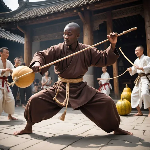 Prompt: A Chinese-style monk bard, with very dark skin (blackman) and braided hair, doing acrobatic kicks in the martial style of capoeira, a fight that involves dancing and music while holding a berimbau ((( berimbau is the instrument of the string family that has the smallest number of strings It consists of a single string stretched over a wooden rod, and is equipped with a resonance box made of gourd))) in the background, several people are singing, clapping their hands to the rhythm of the music and others playing drums in a fantastic medieval world. In anime style art, Manga Style, game style