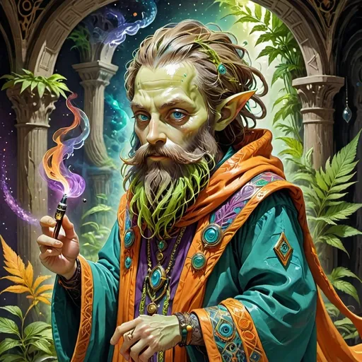 Prompt: Anime-style depiction of a (bearded stoner alien), vibrant color scheme, whimsical atmosphere, expressive eyes, detailed facial features, wearing Roman Robes, surreal elements, high energy, exaggerated poses, imaginative setting, captivating expression reflecting relaxation and curiosity.