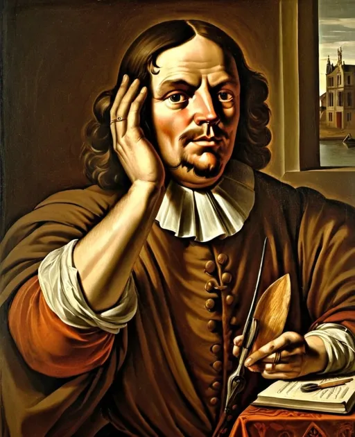 Prompt: realistic portrait Johan Caspar de Cicignon, prominent architect, holding architect tools, vibrant details accentuating the Dutch Golden Age, neutral tones illuminating the background, intricate textures reflecting the era's artistry, captivating facial features and expression, evocative ambiance of creativity and sophistication, ultra-detailed masterpiece showcasing historical significance, dynamic composition that draws the eye.